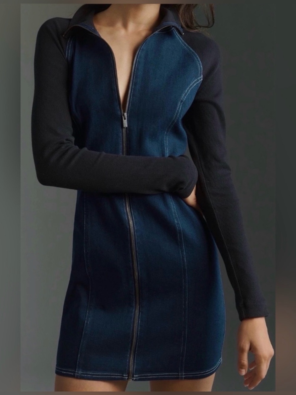 Anthropologie Pilcro Denim Knot Long Sleeve Zip Front Mini Dress Size XXSP NWT